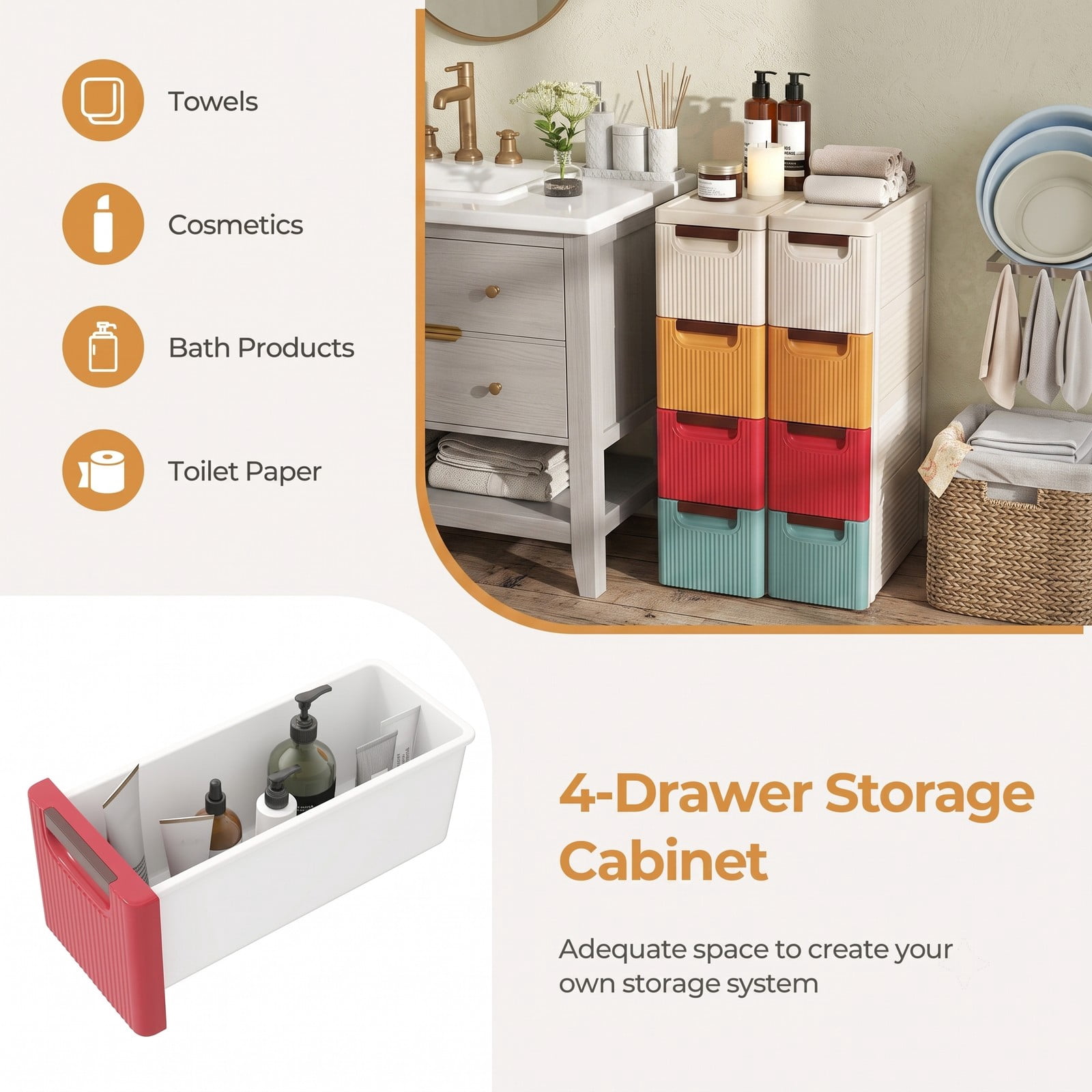 Furnibear 4-Drawer Narrow Rolling Storage Cabinet Organizer with Built-In Wheels for Bathroom Laundry Room and Small Spaces, Multicolor
