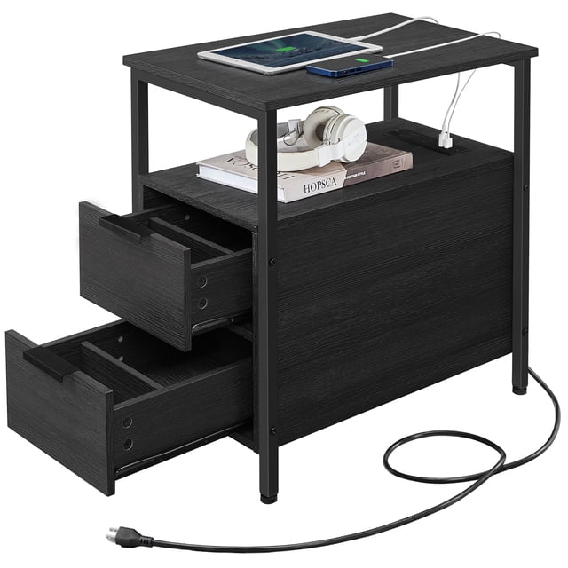 VASAGLE Table d'Appoint avec Station de Recharge, Table de Bout Étroite avec 2 Tiroirs, Table de Nuit Mince, Noir