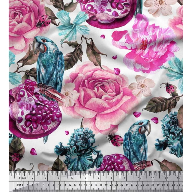 Soimoi Polyester Crepe Fabric Parrot,Pomegranate & Rose Flower Fabric Prints by Yard 52 Inch Wide