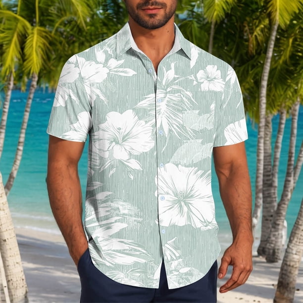 Blusa y camisa de manga corta con cuello vuelto para hombre, informal, a la moda, con estampado de bolsillo y botones, de poliéster.