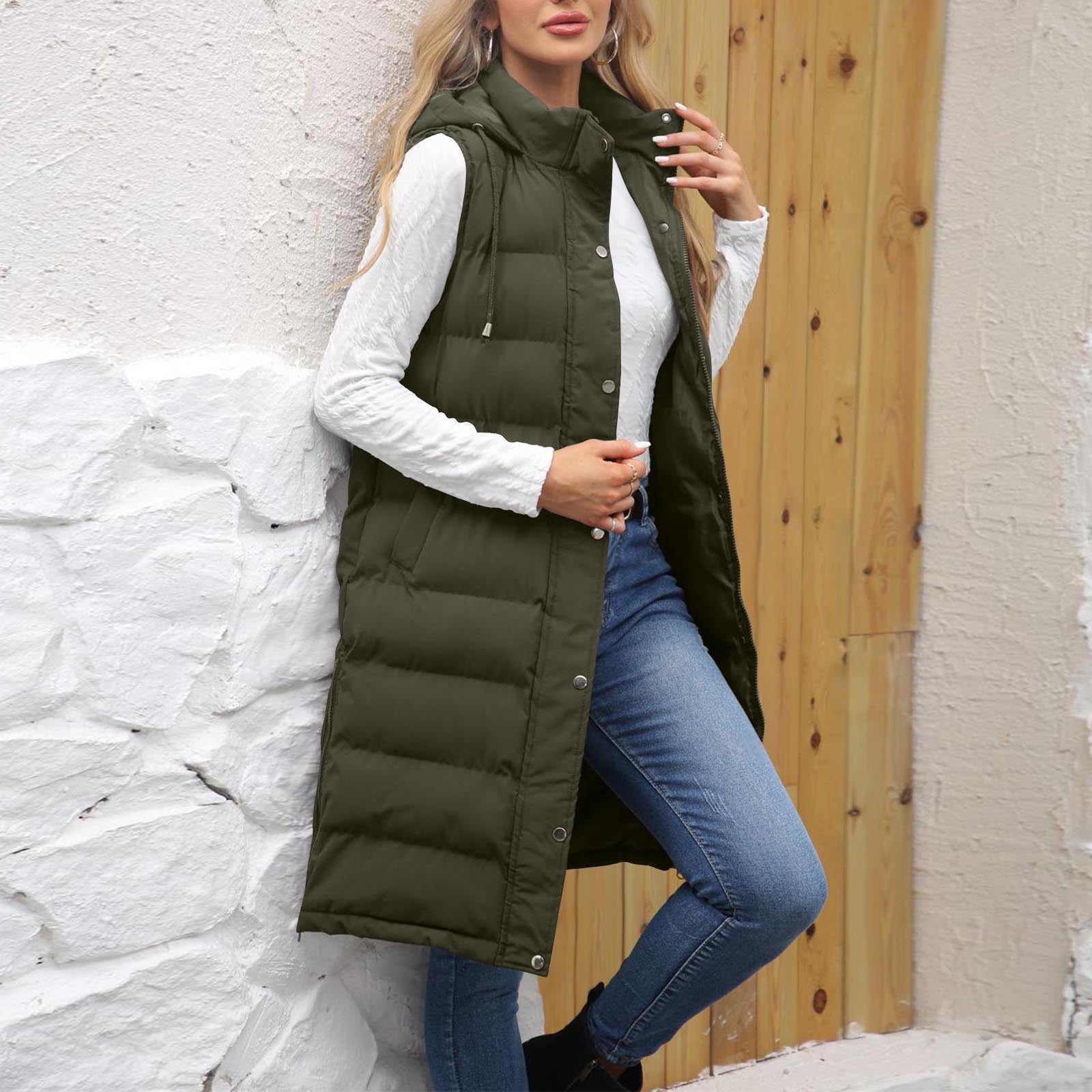 FAVIPT Womens Plus Size Puffer Vest Long Lightweight Hoodie Jacket Zip Up Quilted Button Coats Sleeveless Pockets Trendy 2025 Outerwear Army Green,XXXL