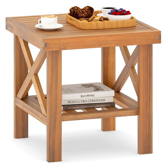Gymax Outdoor Side Table Acacia Wood Adirondack Table w/ Storage Shelf Natural