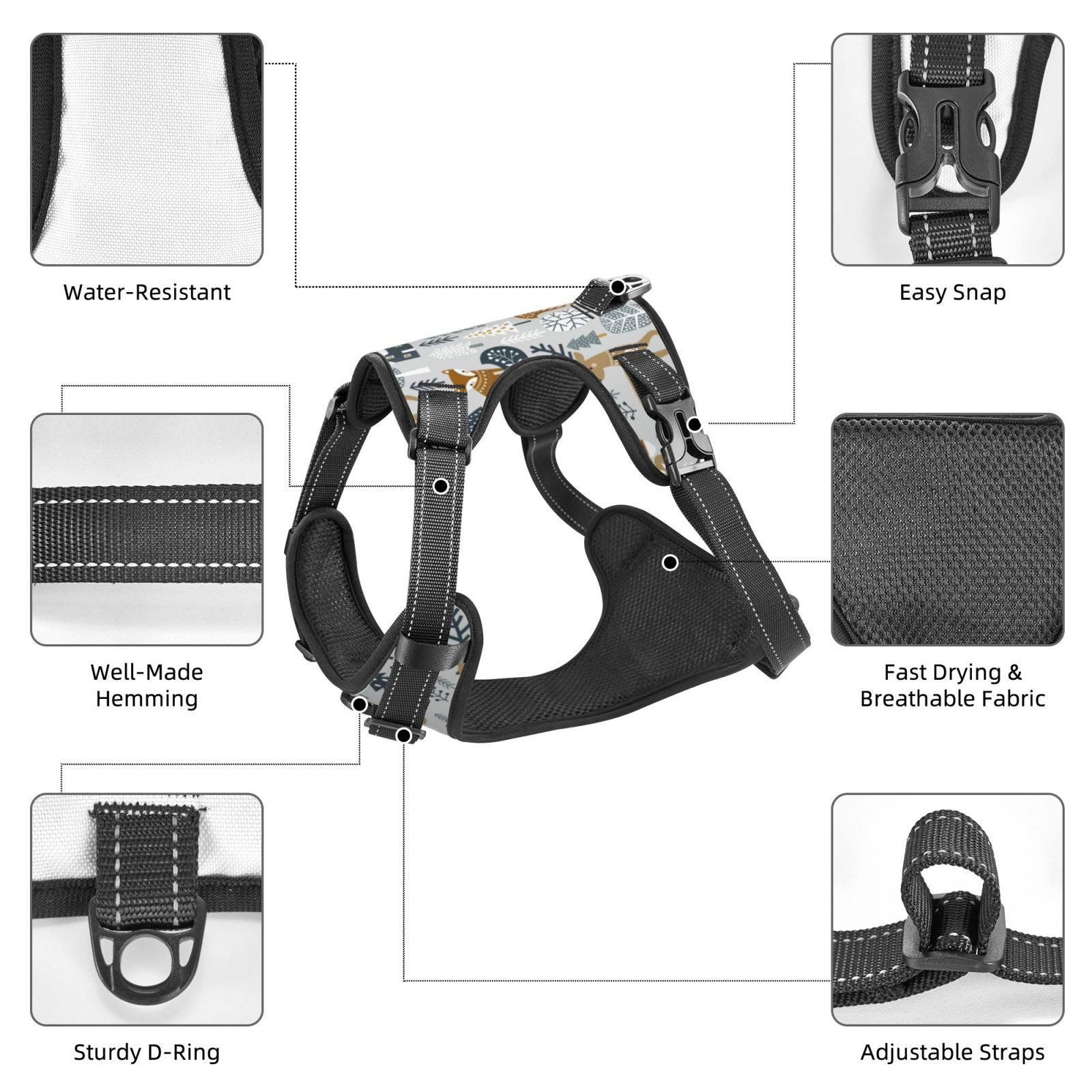 Vsdgher Winter Forest Animals Dog Harness, No-Pull Pet Harness, Dog Vest, Pet Vest for Small to Large Dogs-Large
