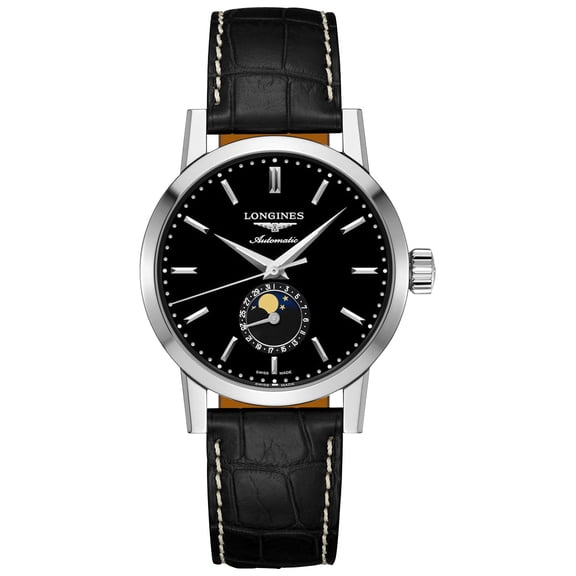 Longines Heritage Classic 1832 Automatic Stainless Steel Black Dial Black Leather Strap Date Moonphase Mens Watch L4.826.4.52.0