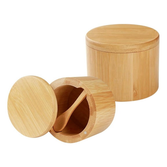 Bamboo Salt Shaker, 2 PCS Salt Box with Built-in Spoon, Salt Bowl with Swivel Lid, Pre y5957