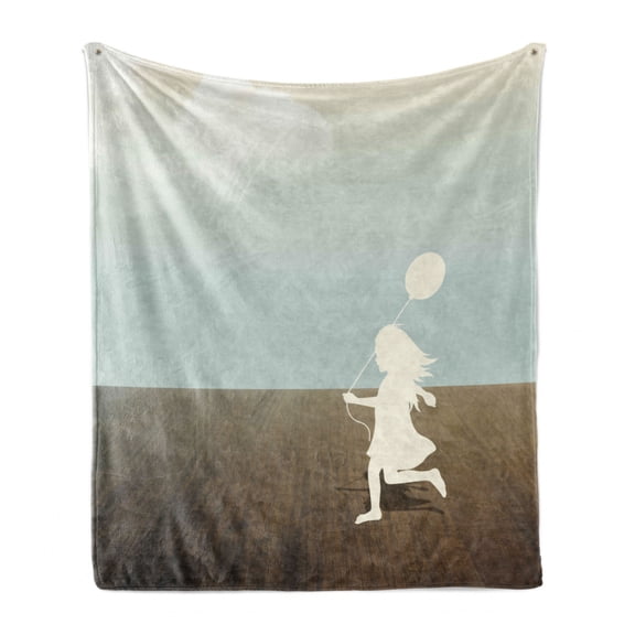 Retro Soft Flannel Fleece Throw Blanket, Silhouette of a Little Girl with Balloon Under Cloudy Sky Wooden Ground Design, Cozy Plush for Indoor and Outdoor Use, 50" x 60", White Brown, by Ambesonne