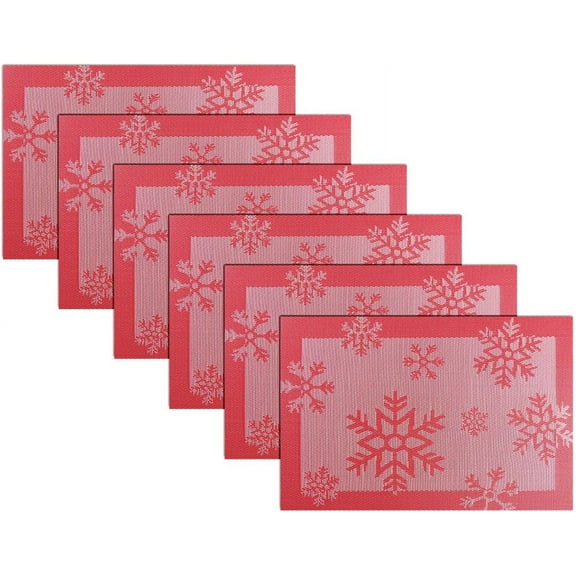Christmas Placemats Set of 6 Vinyl Woven Non-Slip Placemats Washable Easy to Clean Table Mats for Dining Table (Snow Red)