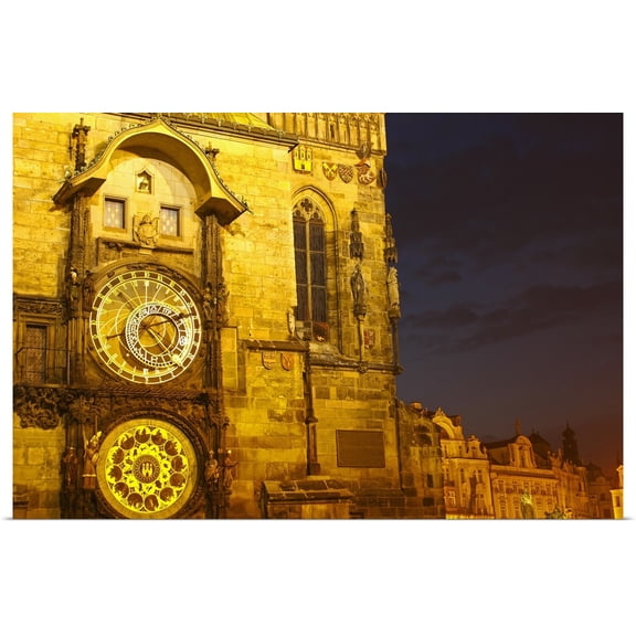 Great BIG Canvas | "Night Lights Of The Astronomical Clock, The Old Town Hall, Prague, Czech Republic" Art Print - 48x32