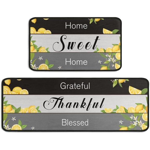 2 Piece Lemon Kitchen Decor Rug Set, Home Kitchen Sink Rugs and Mats Non Skid Washable Absorbent Microfiber Kitchen Floor Carpet 17" x 47" 17" x 30"