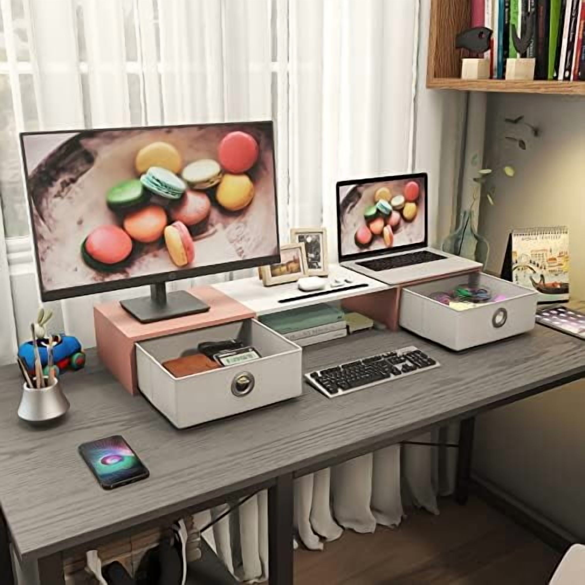 Dual Monitor Stand Riser with Two Drawers, Extra Large Storage Monitor Stand for 2 Monitors, Desktop Oraganizer Stand for Computer,Laptop,Screen,Printer,TV