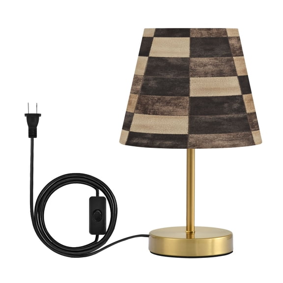 Modern Minimalist Cone Desk Lamp Antique Bronze Base & Linen Shade Bedside Table Lamp for Bedroom Living Room, Office, Dorm Brown and Black Tartan Medium