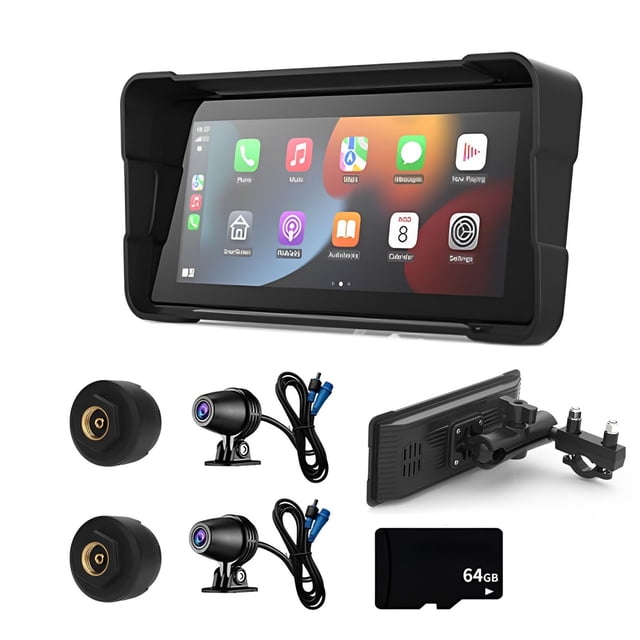 cámara de salpicadero dvr dual para motocicleta scienceny 7 pantalla táctil ips accesorios para motos — Unidad frontal con pantalla táctil IPS de 7" mostrando iconos, dos cámaras HD 1080P con cables, dos sensores TPMS redondos, soporte de montaje y tarjeta microSD 64GB; carcasa negra de plástico y metal y lente gran angular 170°. Suele usarse para registrar rutas de viaje en moto.