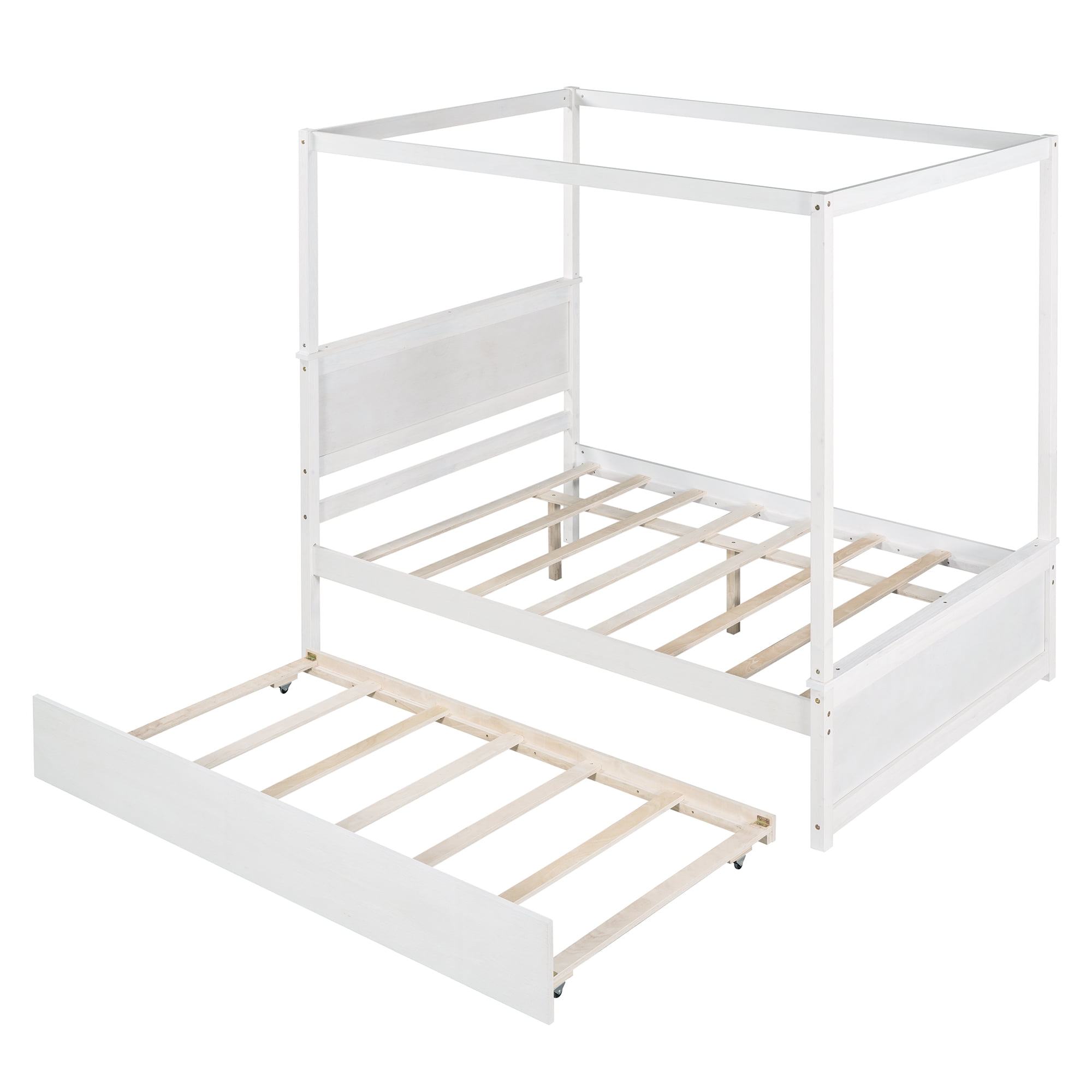 DEALTOPS Wood Canopy Platform Bed with Trundle, Full Bed Frame with Support Slats, White
