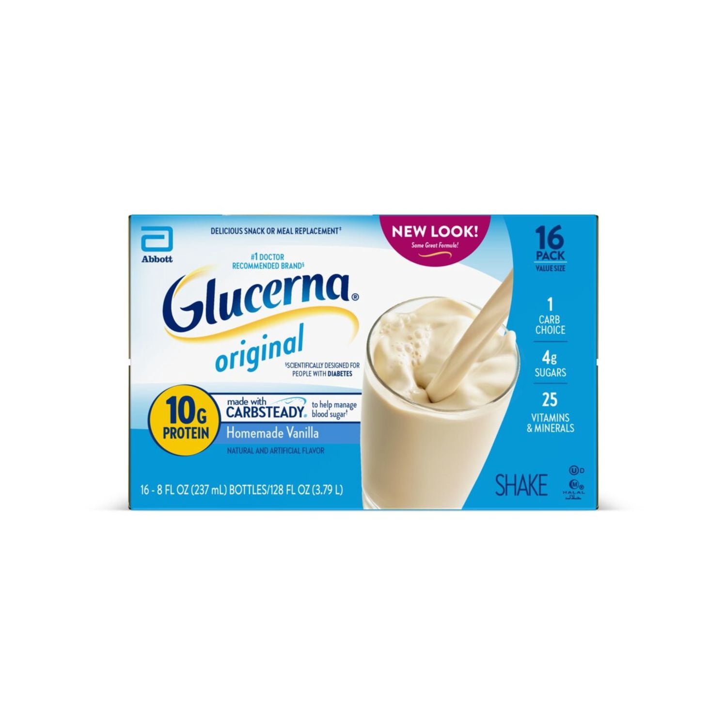 (2 pack) Glucerna Original Diabetic Protein Shake, Homemade Vanilla, 8 fl oz Bottle, 16 Count