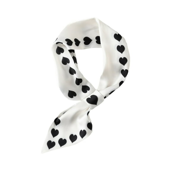 Silky Square Neck Scarf with Heart Pattern for Hair and Bag Styling - White