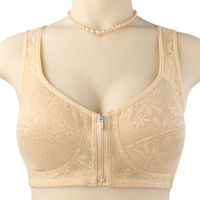 Abcnature Women's Bras Solid Large Lace Front Zipper Bras Wide Shoulder Strap Style Underwire Breathable Plus Size Bras