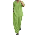 thumbnail image 2 of LEKWK Linen Sets for Women 2 Piece Plus Size 3/4 Sleeve V Neck Button Tops and Wide Leg Pants Summer Solid Casual Travel Vacation Outfits, 2 of 6
