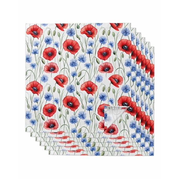 nqOlkjepod 4th of July Flower Cloth Napkins Set of 6 Reusable Dinner Napkins, Patriotic Red Blue Poppy Floral Cocktail Napkin Washable Table Napkins for Wedding/Holiday Party/Baby Shower 20"x20"