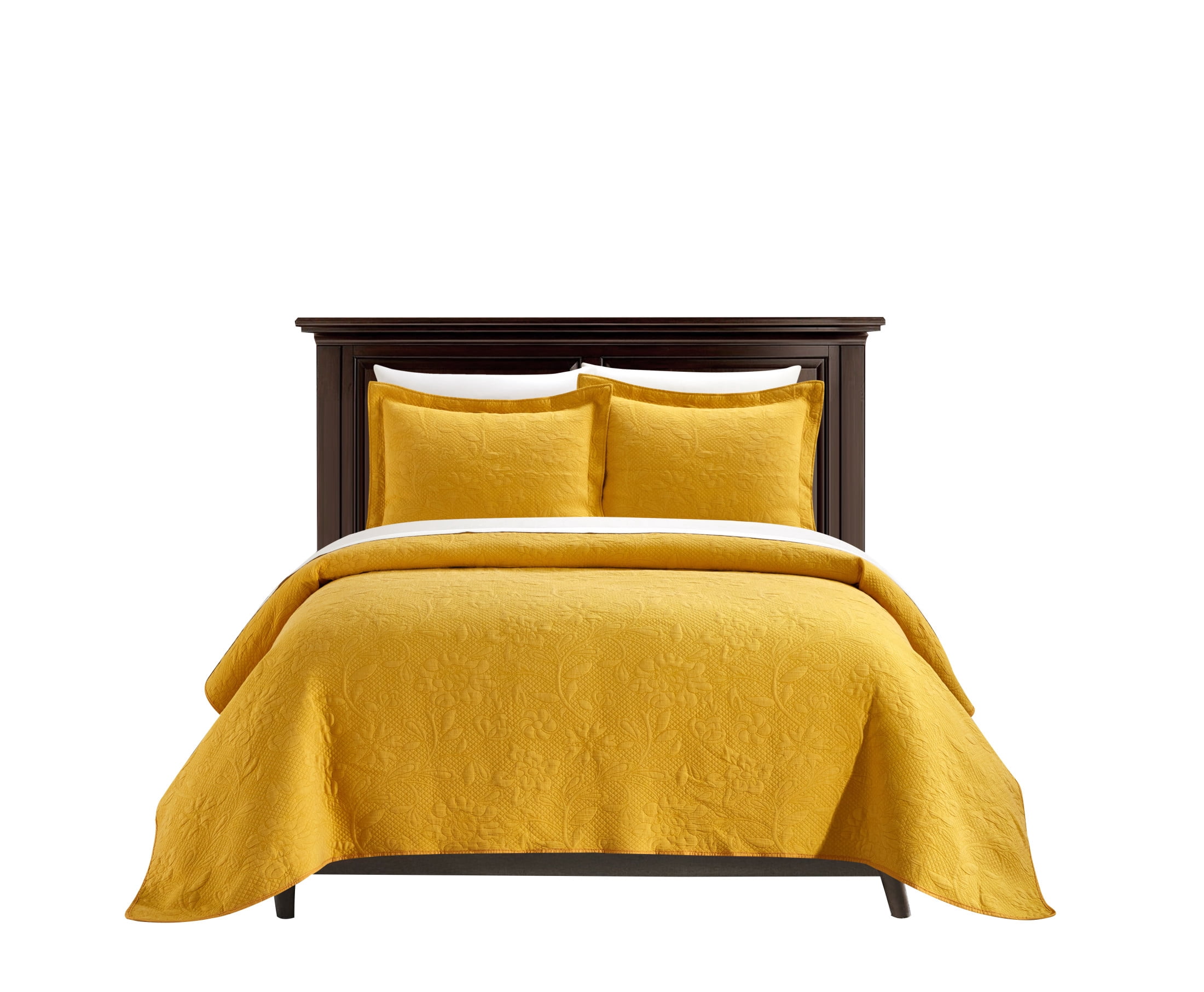 Chic Home Arron 3-Piece Floral Cotton Quilt Set, King, Mustard