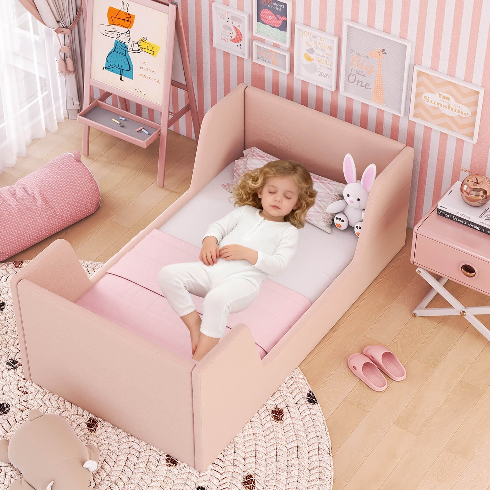 Costway Soft Velvet Fabric Upholstered Children Floor Bed with Safety Rails & Headboard Pink