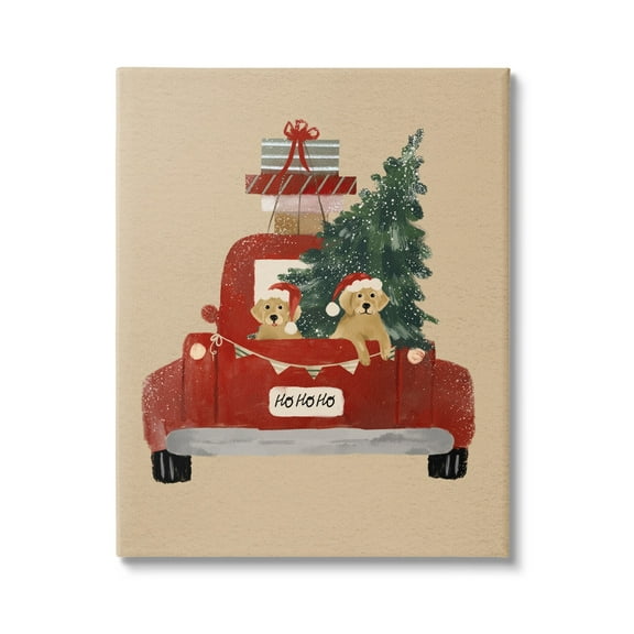 Dogs Wearing Festive Hats Christmas Tree Truck Animals & Insects Painting Gallery-Wrapped Canvas Print Wall Art