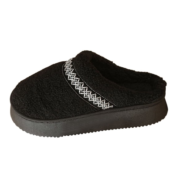 Winter Warm Platform Fuzzy Slippers for Women Non Slip Fleece Lined House Slippers Slip On Cotton Clogs Black Size 10