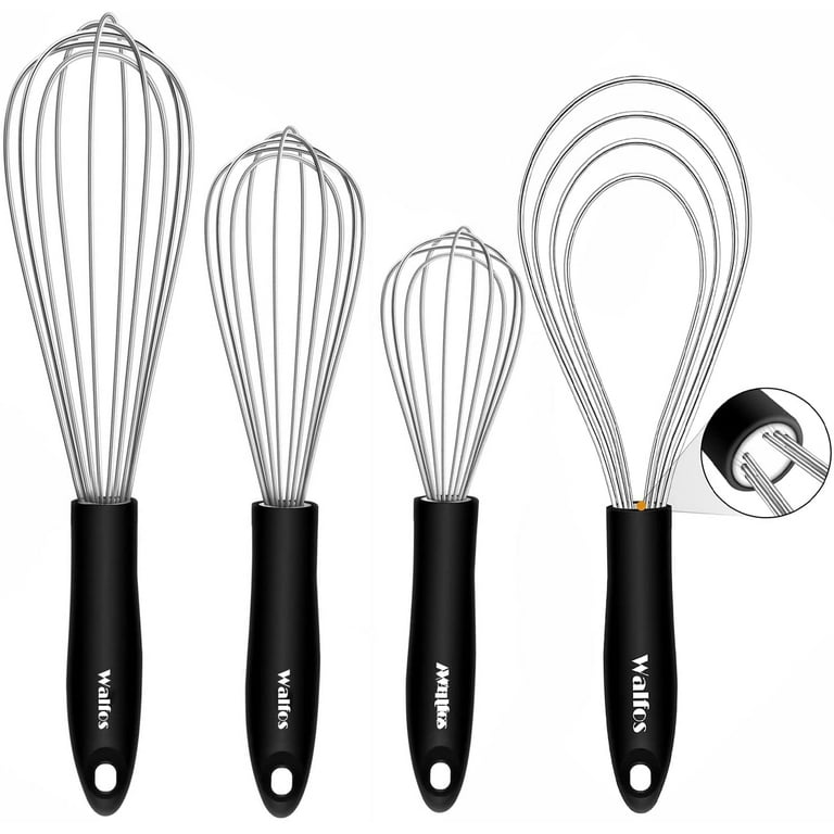 Silicone Whisk set, Walfos 11'' Flat Whisk and 10'' Balloon Whisk for  Blending Beating Stirring and Kitchen Cooking, Black