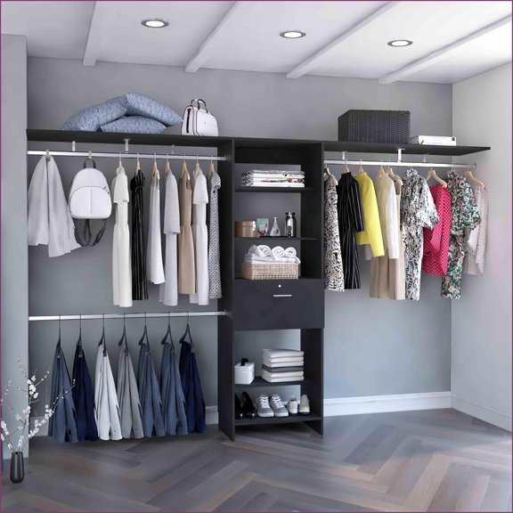 Plego Adjustable Storage Closet System 70"-118"W with 1 Drawer, 3 Hanging Rods, 5 Shelves | Black | Particle Board