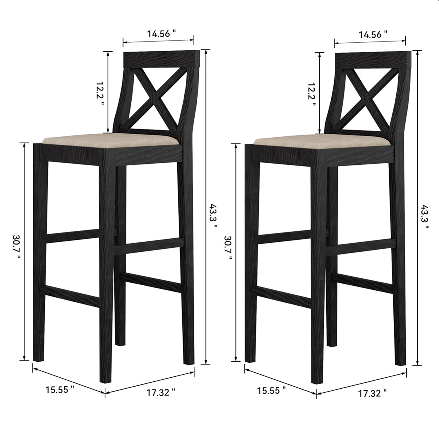 Demi Bonn 43" Counter Height Bar Stools Set of 2, Upholstered Barstools with Back, Kitchen Island Countertop Chairs for Dining Room, Black