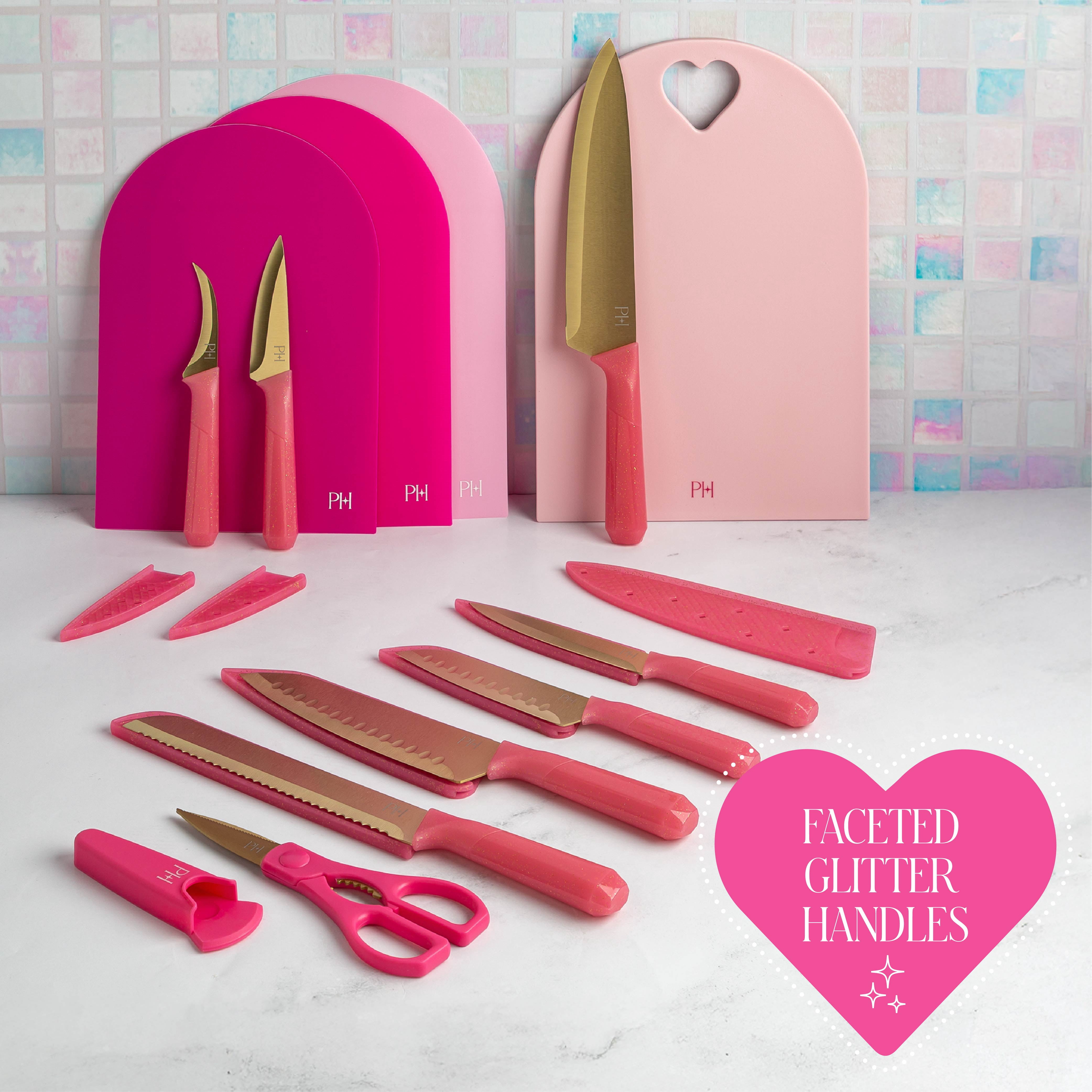 Paris Hilton 20-Piece Cutlery Set, High-Carbon Stainless Steel Blades, Faceted Glitter Handles, Blade Guards & Cutting Mats, Pink