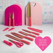 Paris Hilton 20-Piece Cutlery Set, High-Carbon Stainless Steel Blades, Faceted Glitter Handles, Blade Guards & Cutting Mats, Pink