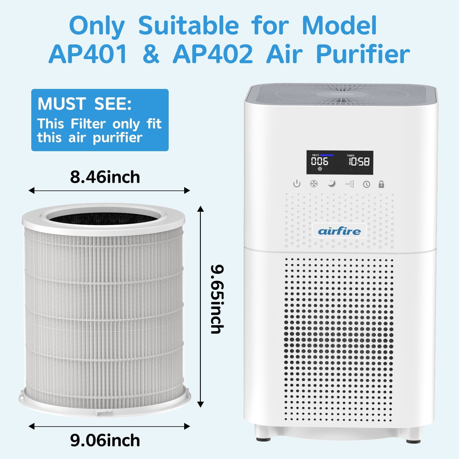 Replacement H13 HEPA Air Purifier Filter only for AP401 & AP402 CADR 400+ m³/h Air Purifier , Activated Carbon, Original