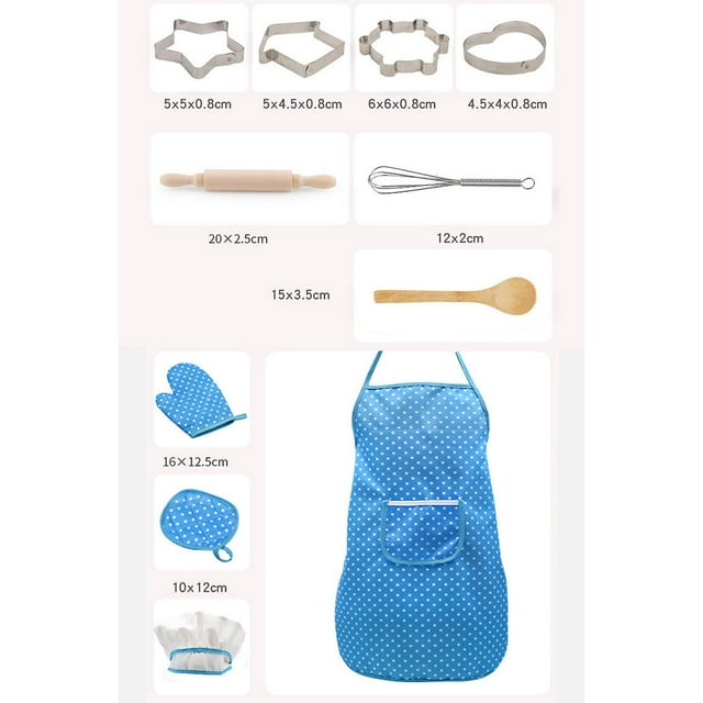 Juego de delantal y gorro de chef para niños con utensilios de cocina de 11 piezas