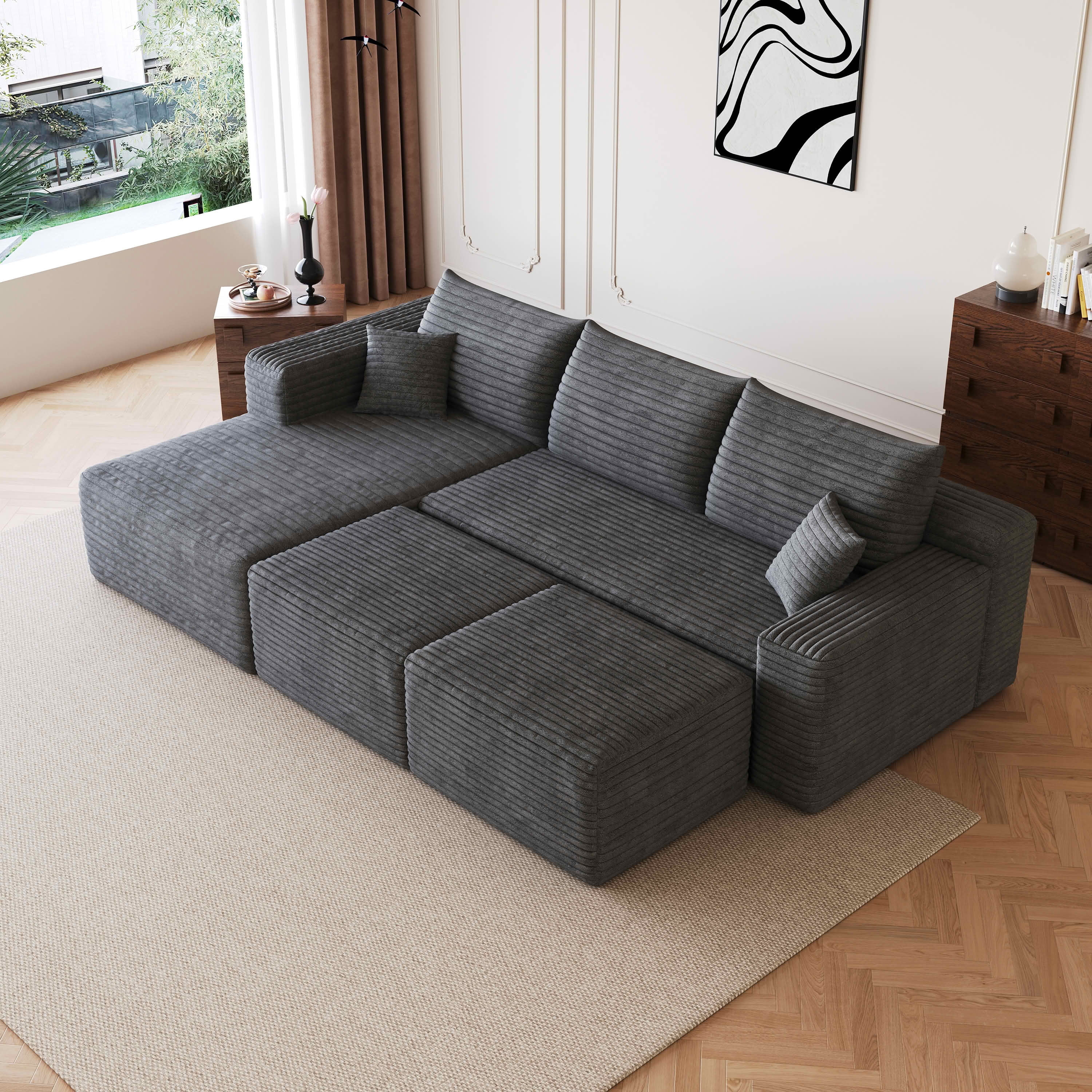 MAYEERTY 95" Cloud Sectional Sofa with 2 Ottomans, U-Shaped Corduroy Deep Seat Couch, No Assembly for Living Room, Dark Gray