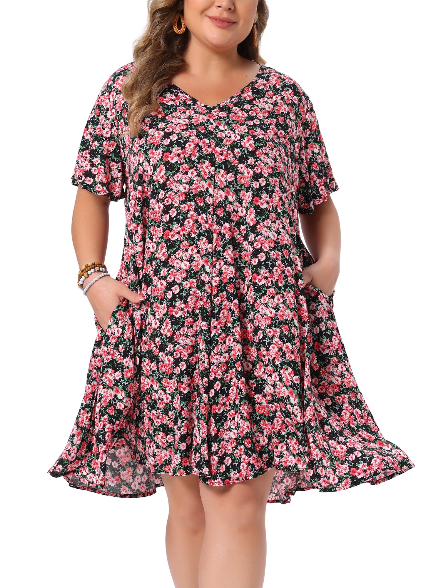 DARING DIVA Women's Plus Summer Short Sleeve V Neck Dress 2X Black