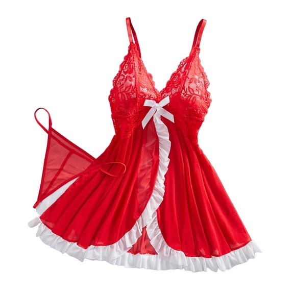 JSGEK Sexy Babydoll Lingerie Nightgown Set for Women Spaghetti Strap Contrast Bow Mini Dress with Matching Thong Intimate Sleepwear Nightwear Red XL