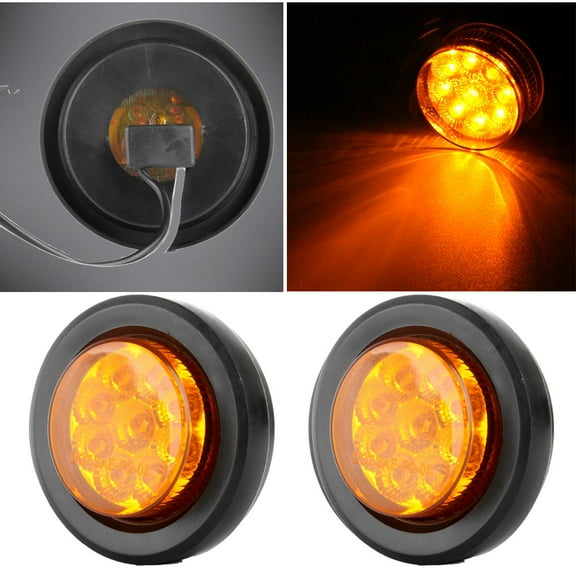 ECCPP 2x Truck Trailer Stylish Amber Round Side Marker Light 2" 9 LED Clearance Marker Lamp w/Rubber Mounting Grommet and Pigtails