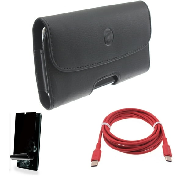Red 6ft Long Cable w Case Belt Clip w Privacy Screen Protector for Samsung Galaxy S20 Ultra - USB-C to Type-C PD Fast Charger Cord, Leather Holster Cover, TPU Film [NOT GLASS] fits Galaxy S20 Ultra