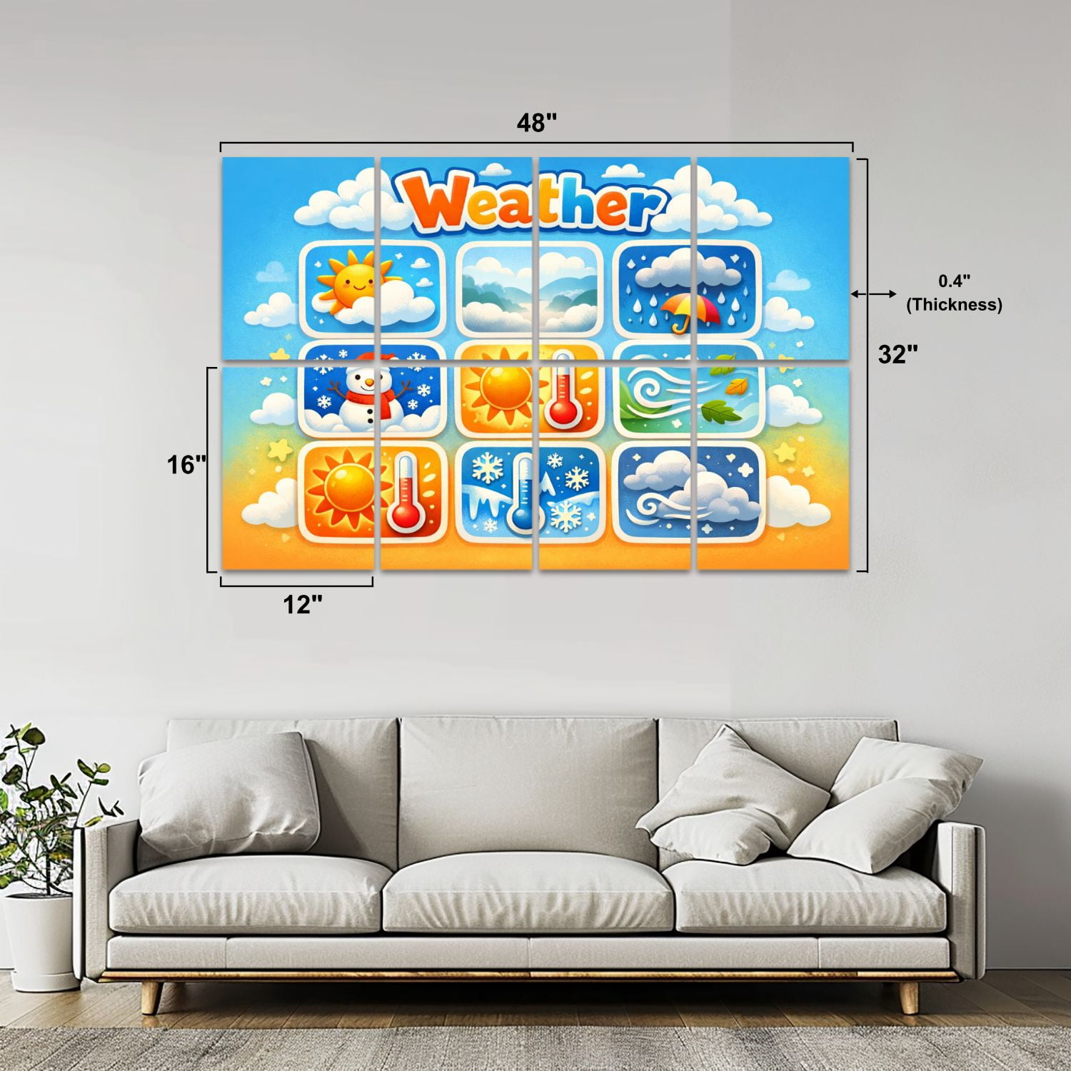 Classroom 8 Pack Art Acoustic Panels Sound Absorbing Weather Icons Sunny Snowy Cloudy Windy Illustrations Decorative Soundproof Wall Panels Self Adhesive for Nursery Kids Game Room 48"x32"