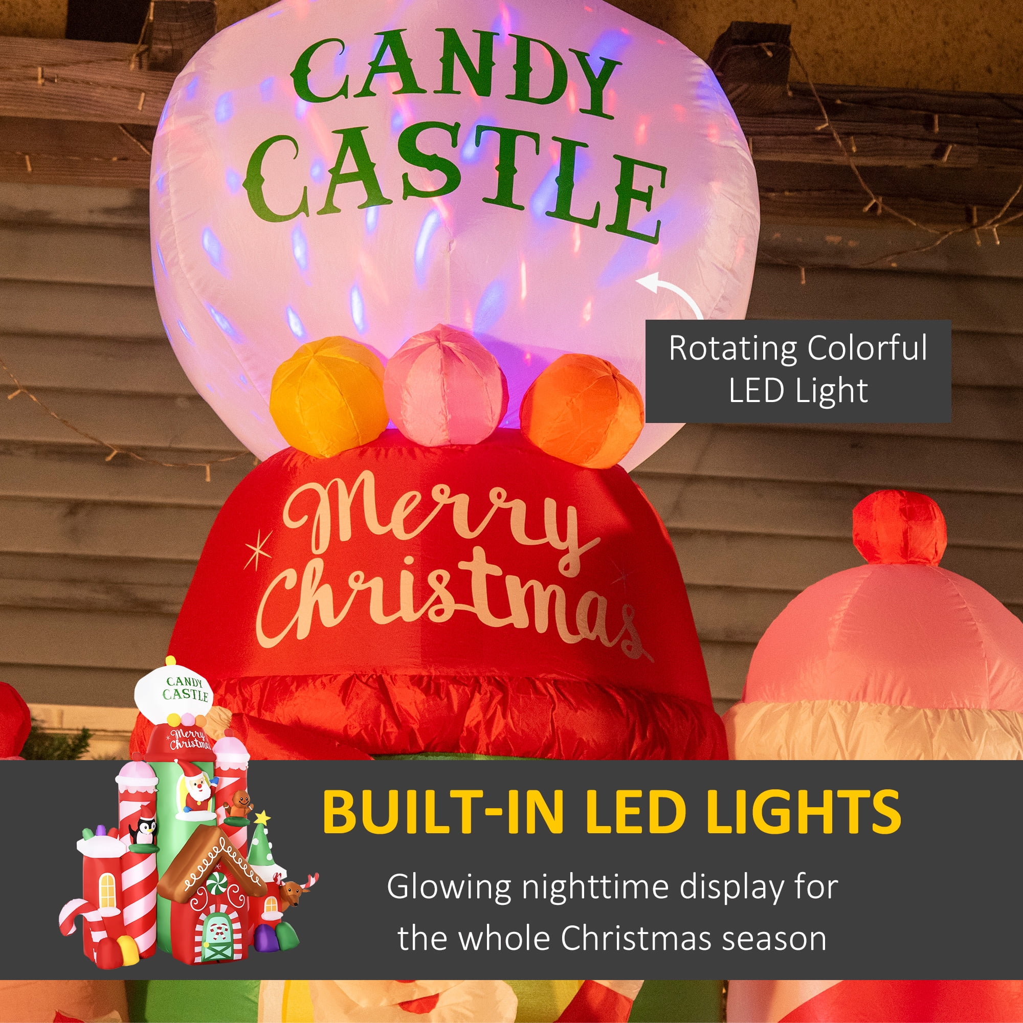 Astoutdoor Inflatable Christmas Candy Castle Decoration with Penguin, Santa, Gingerbread Man and Elk, Polyester, LED Lights