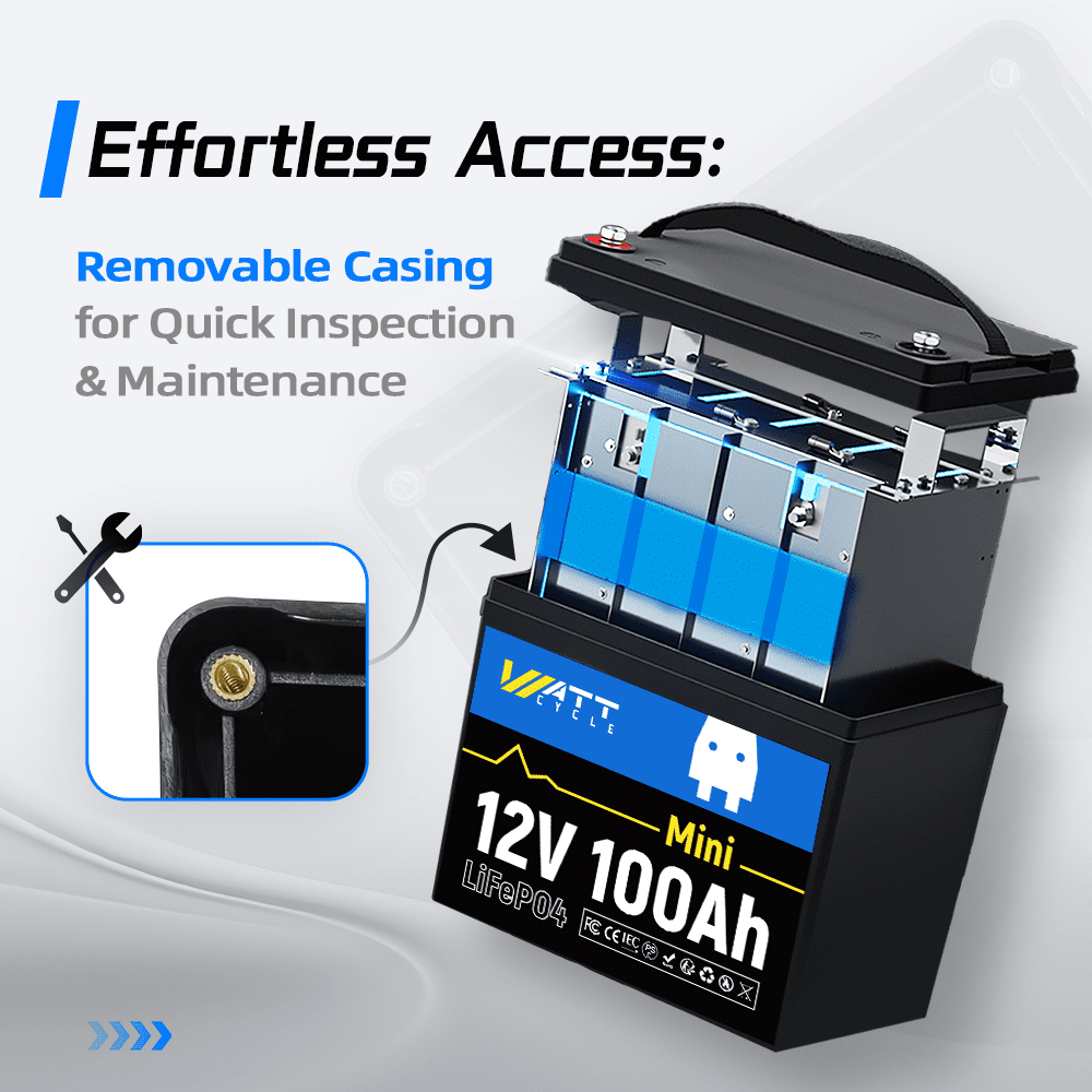 WattCycle 12V 100Ah Mini LiFePO4 Lithium Battery Mini, 100A BMS, Low-Temp Protection, Rechargeable15000 Deep Cycles, 1280Wh for Trolling Motor, Home Storage, Solar System, Golf Cart, RVs, Marine