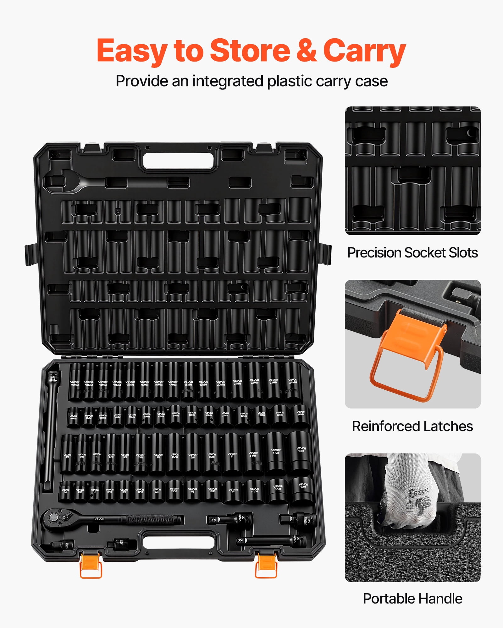 VEVOR Impact Socket Set, 1/2" Drive, 65-Piece Socket Set, 6 Point Sockets, SAE 3/8" to 1-1/4" and Metric 10-24 mm, Easy to Identify, with a Sturdy Storage Case, Cr-V Alloy Steel for Vehicles Repair