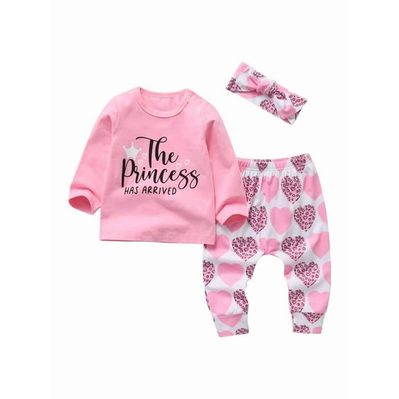 Baby Girl Clothes Long Sleeve Letter Tops Heart Shaped Printed Pants and Headband Outfit Set Pink 0-3 Months