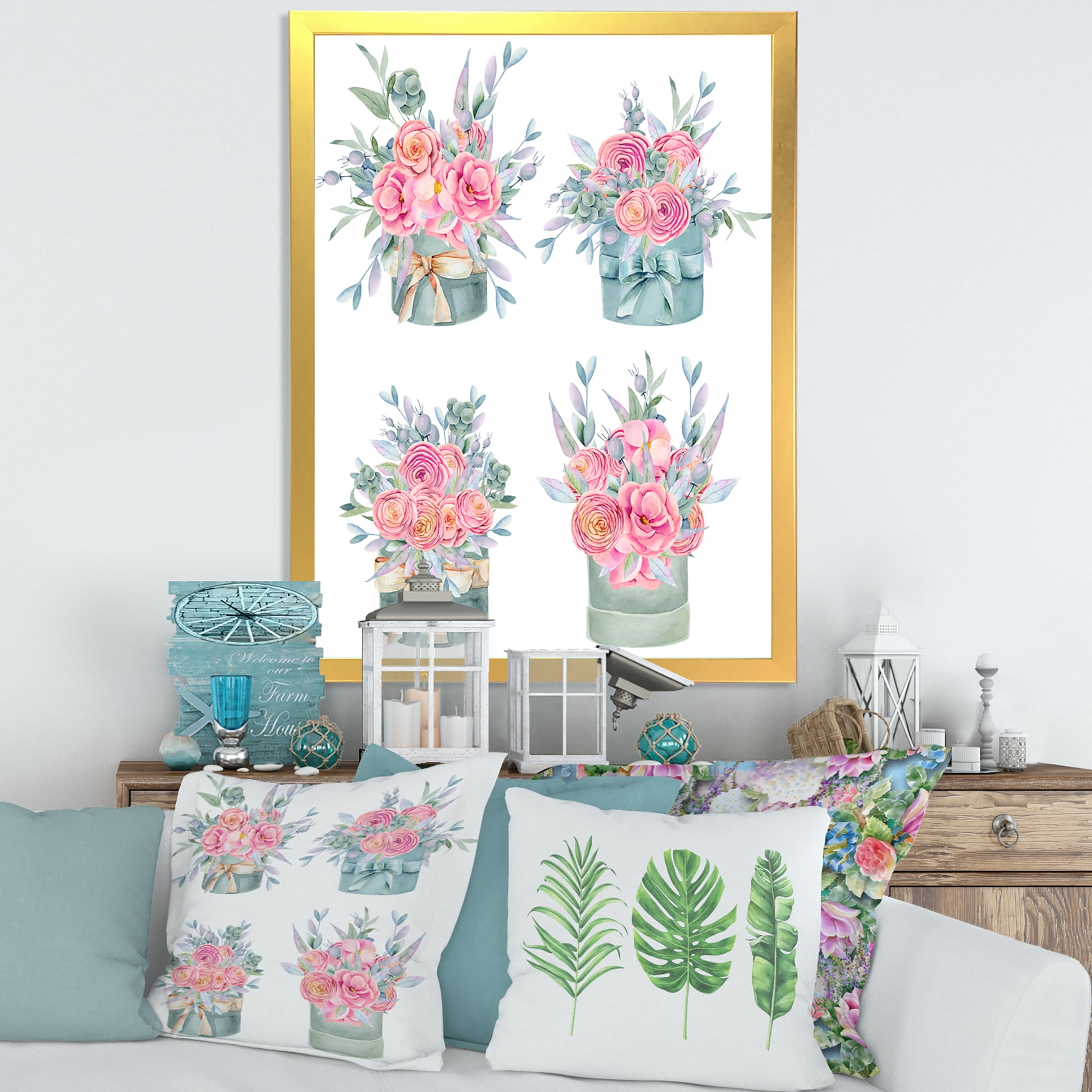 Designart 'Bouquets Collection of Pink Roses' Farmhouse Framed Art Print