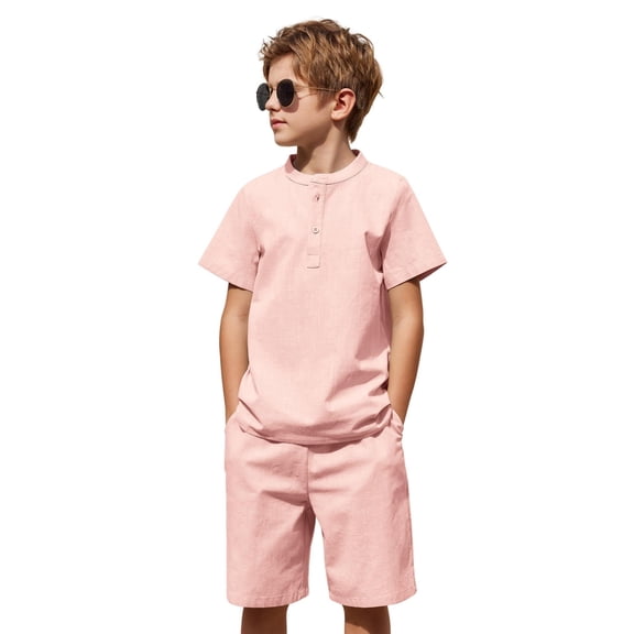 Arshiner Boy's 2 Pieces Linen Set Casual Henley Shirts Short Sleeve Beach Shorts Summer Shorts Outfits 11-12 Years