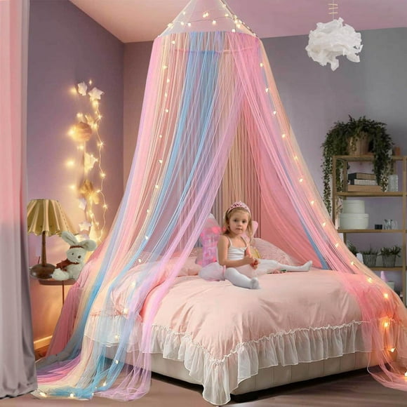 JUNWELL Kids Bed Canopy with Lights Girls Baby Rainbow Princess Bed Curtain Mosquito Net Dome Cribs Reading Play Tent Decor