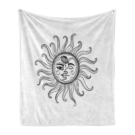 Sun Soft Flannel Fleece Throw Blanket, Doodle Style Vintage Retro Tribal Elements Stars Arrow Shapes and Crescent Moon, Cozy Plush for Indoor and Outdoor Use, 70" x 90", Black White, by Ambesonne