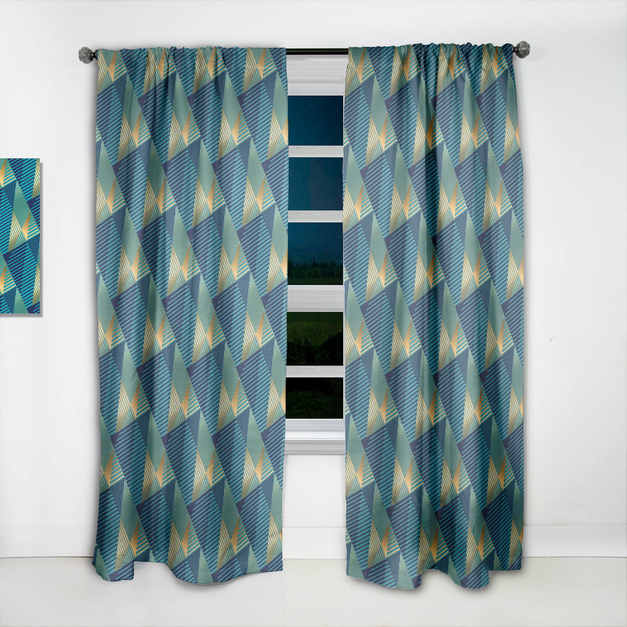 Designart 'Retro Luxury Waves In Blue and Gold VII' Mid-Century Modern Curtain Panel