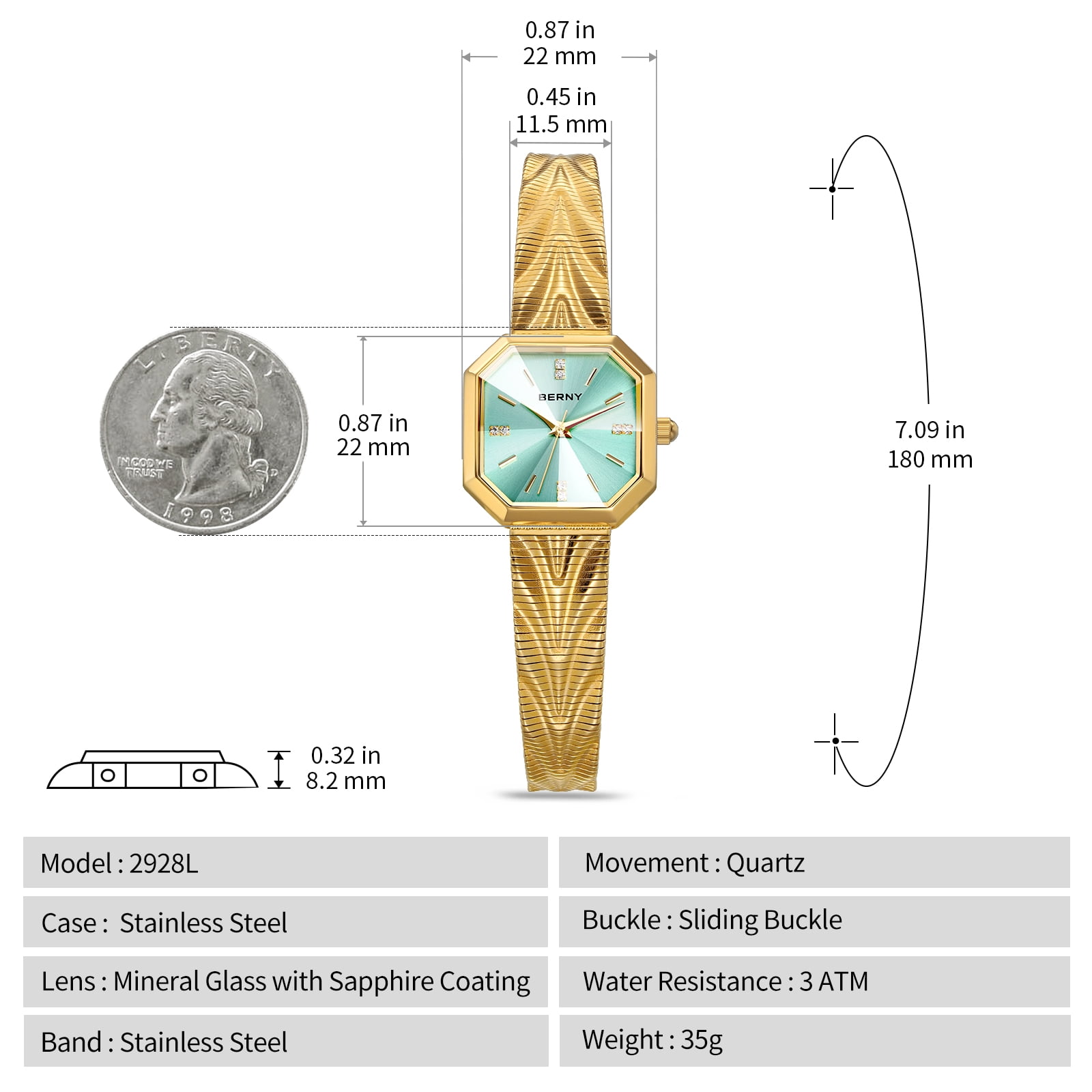 BERNY Small Gold Watches for Women, Dainty Luxury Diamond Dial, Stainless Steel Bracelet Watch, Fashion Ladies Analog Quartz Watch, Minimalist Waterproof Womens Wristwatch Gifts (Light Blue)