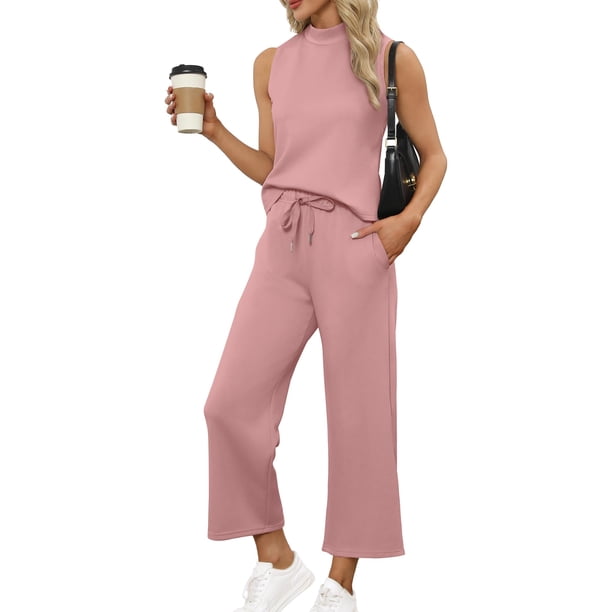 Conjunto de dos piezas SAMPEEL para mujer, cuello alto, cuello alto, color rosa, talla L